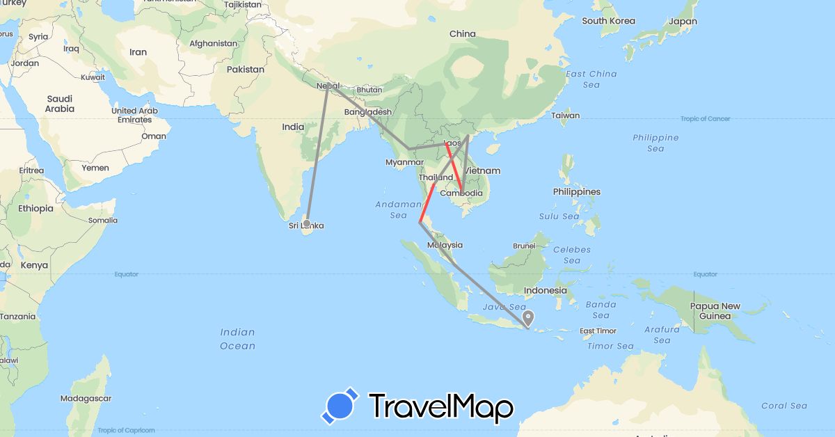 TravelMap itinerary: plane, hiking in Indonesia, Cambodia, Laos, Sri Lanka, Myanmar (Burma), Nepal, Singapore, Thailand, Vietnam (Asia)